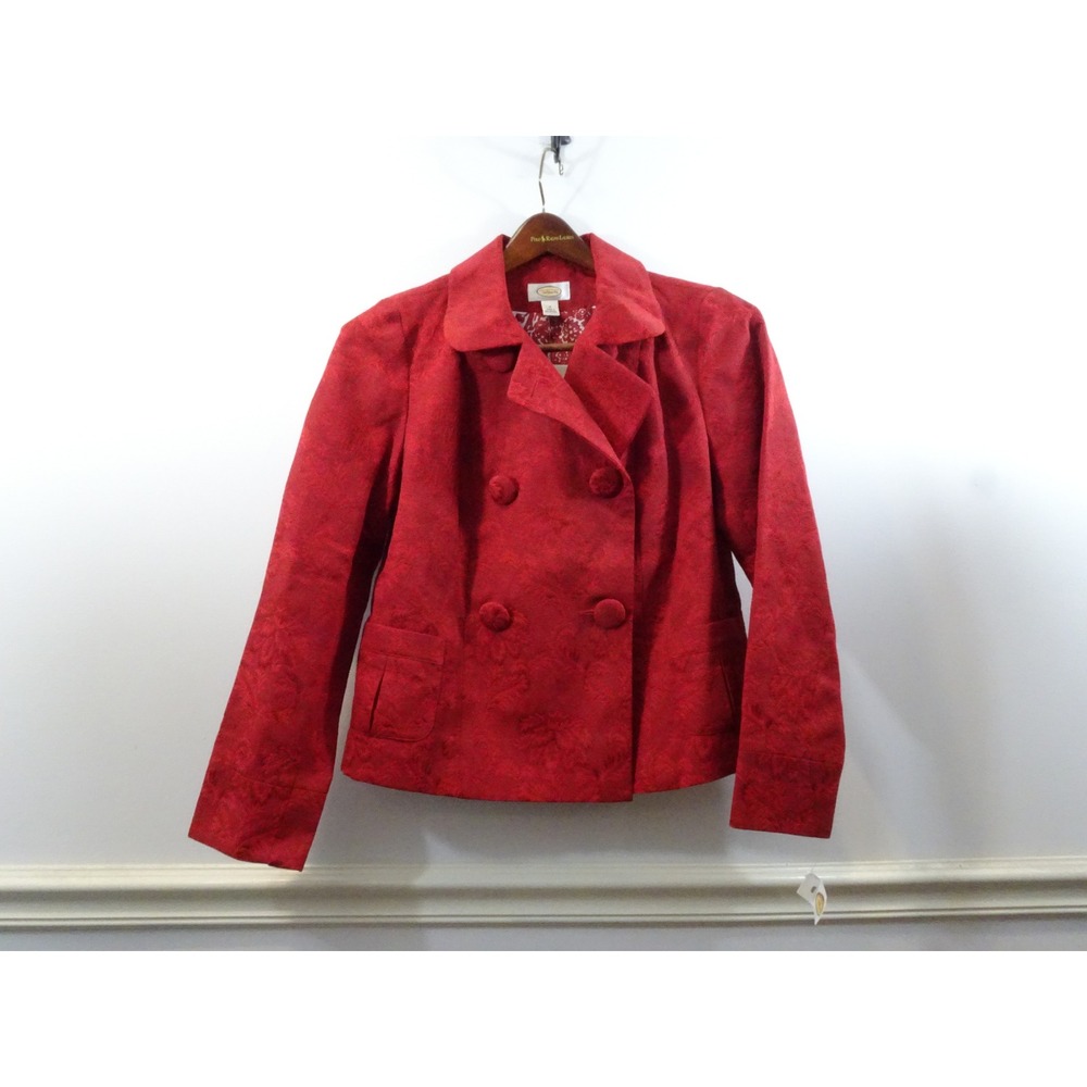 Talbots Red Jacquard Double Breasted Blazer Jacket Floral Damask Size M Formal
